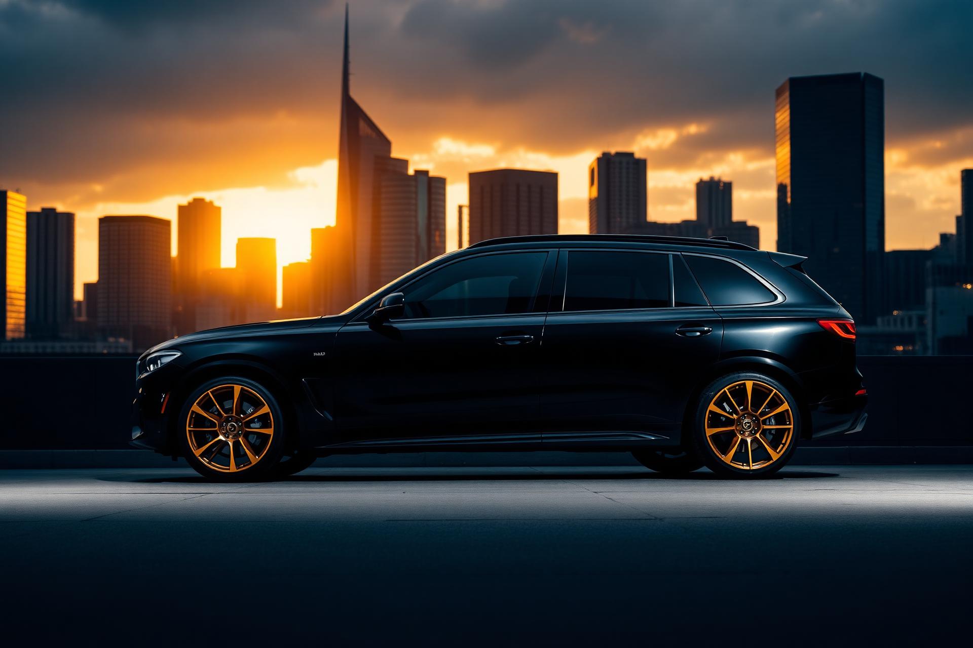 Luxury SUV against city skyline at sunset